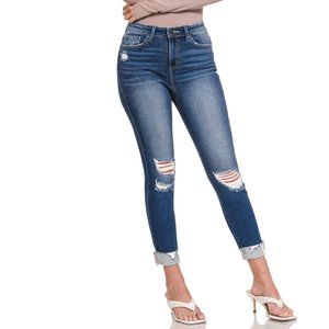 Mid Rise Distressed Cuffed Hem Skinny Dark Wash Denim Pants Jeans by Zenana